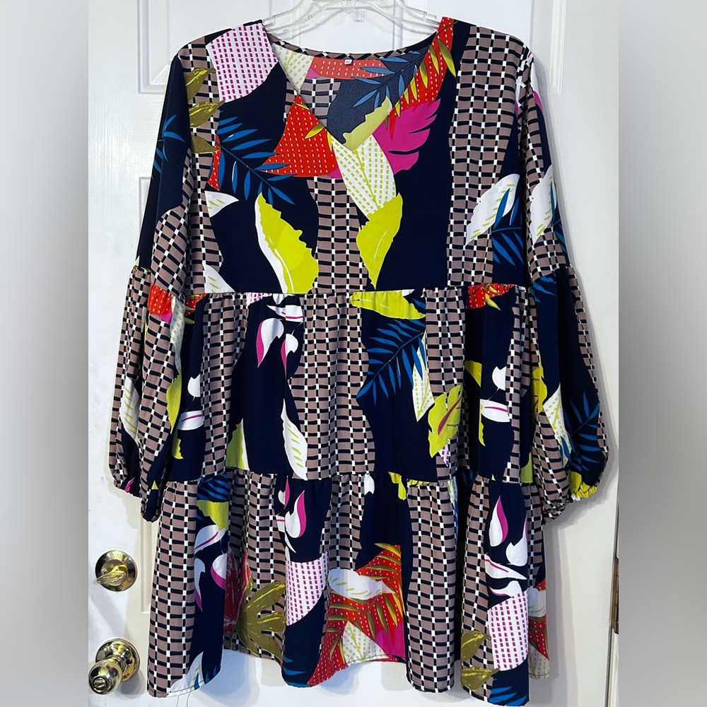 Colorful, vibrant geometric pattern minidress, size 2X